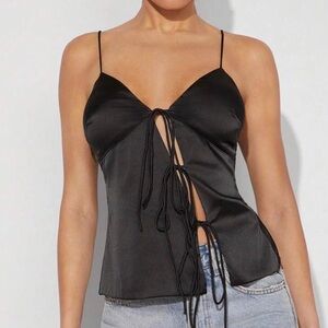 Black satin asymmetrical tie front cami top